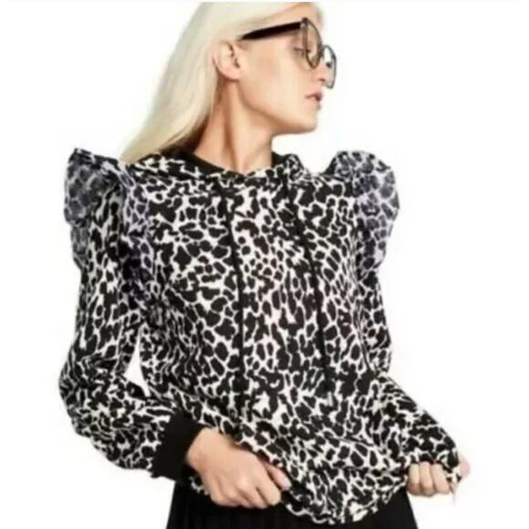 Sandy Liang Hoodie Womens X Small Black White Leopard Animal Ruffle Sweatshirt - Picture 1 of 11